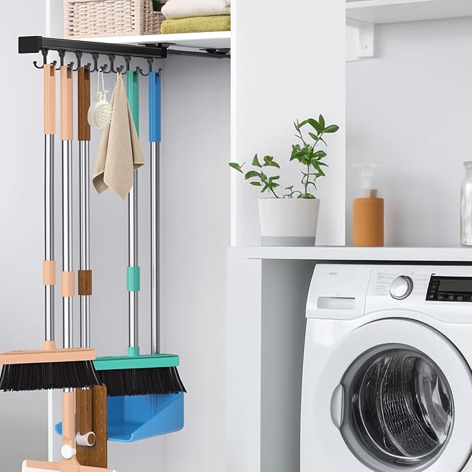 Pull Out Broom Holder With Adjustable Double Row Sliding Hook, Multifunctional Slide Broom And Mop Storage/Organizer Garage Organization Hooks, for Closet Laundry - 41cm/16.14inch