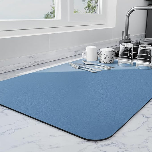 Ecotrim - Dish Drying Mat for Kitchen Counter | Coffee Bar Mat for Countertops | Heat Resistant Drainer Mat with Non-slip Rubber Backed | Hide Stain Kitchen Absorbent Draining Mat | Blue 18"x28"