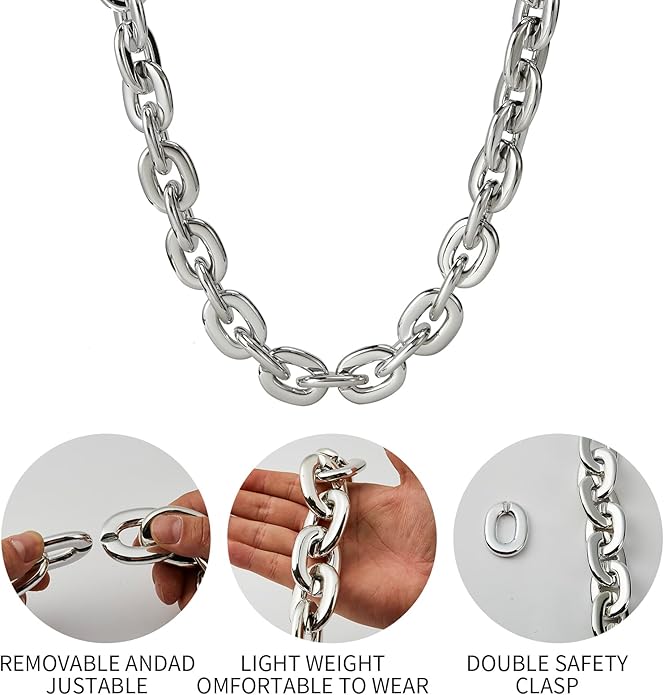 Passed colorfast test,Large Plastic Chain Necklace, 2 Pack / 4 Pack Optional,Hip-hop Rapper Big Chunky Fake Necklace , Super long Detachable, Non-fading Party Clothing Plastic Jewelry Necklace Decoration, Women and Men.