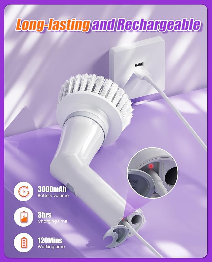 6-in-1 Electric Spin Scrubber, Cordless Power Scrubber with 47.2" Long Extendable Handle, 2-Speed Scrub Brush with Cleaning Scouring Pads, IPX7 Waterproof for Tile & Floor Cleaning, White-qb2