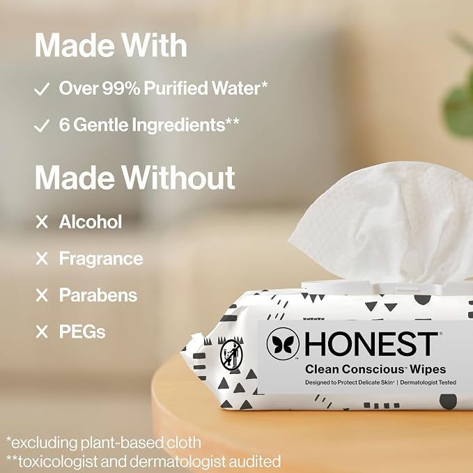 The Honest Company Hypoallergenic Multi-Use Baby Wipes for Sensitive Baby Skin, Pattern Play, 60 Count (Pack of 12)