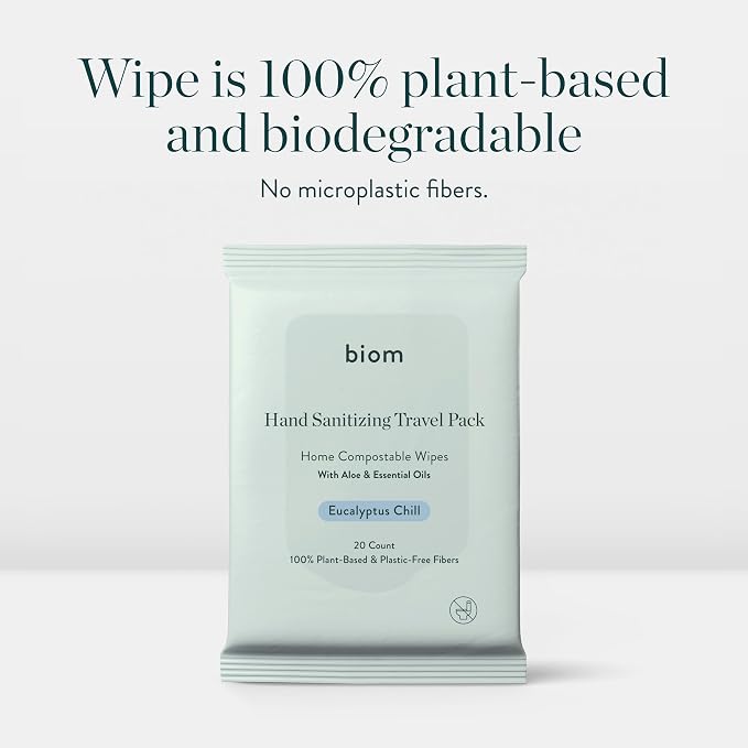 Biom Hand Sanitizing Wipes - Travel Size 10 pack(200 Wipes) 65% Ethanol Alcohol, Kills 99.9% of Germs, Removes Dirt & Grime, Made of Plant-Based & Plastic Free Fibers, Hypoallergenic -Eucalyptus Chill