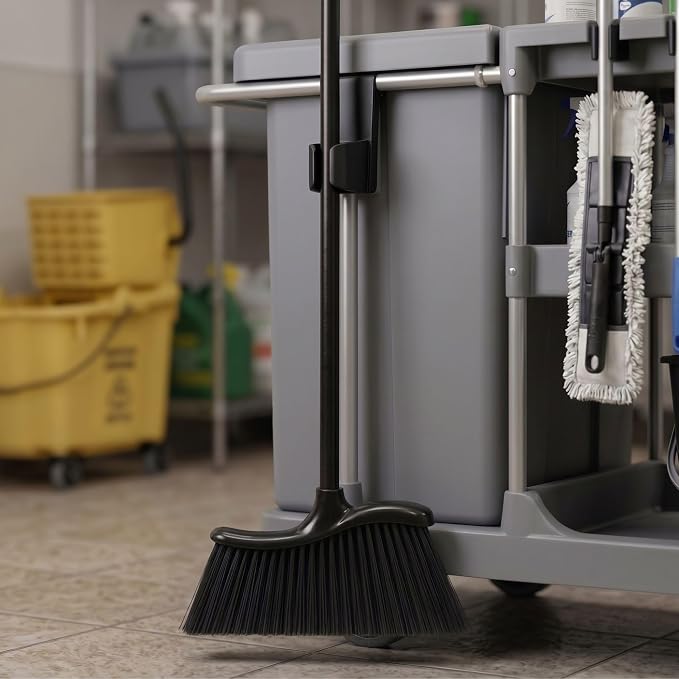 Restaurantware RW Clean 12 x 2 x 39 Inch Angle Broom 1 With Clip Back Sweeping Broom - Dustpan Sold Separately Flagged Bristles Black Plastic Restaurant Broom Lightweight Heavy-Duty
