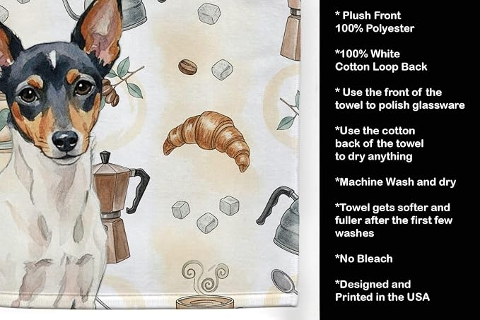 Caroline's Treasures Toy Fox Terrier Coffee Bar Kitchen Towel Velour Plush Front and Cotton Loop Back Machine Washable
