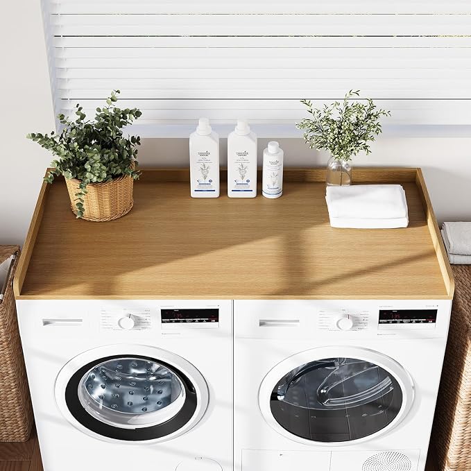 Fivesun Washer Dryer Countertop, 27.5" x 54“ Wood Washer and Dryer Countertop with Edge Rails for Laundry Room Organization and Storage, Oak