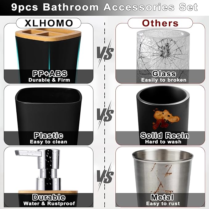 Black Bathroom Accessories Set, 9 Piece Bathroom Set with Trash Can Black Bath Set
