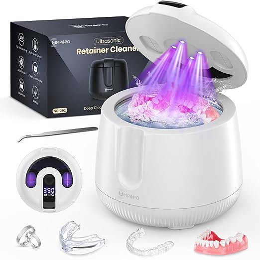 Ultrasonic Retainer Cleaner Machine 48kHz, Dental Cleaning Pod, Ultrasonic Retainer Cleaner for Dentures, Aligners, Mouth Guards, Toothbrush Heads and Jewelry with 200ML Capacity, LAB Supply