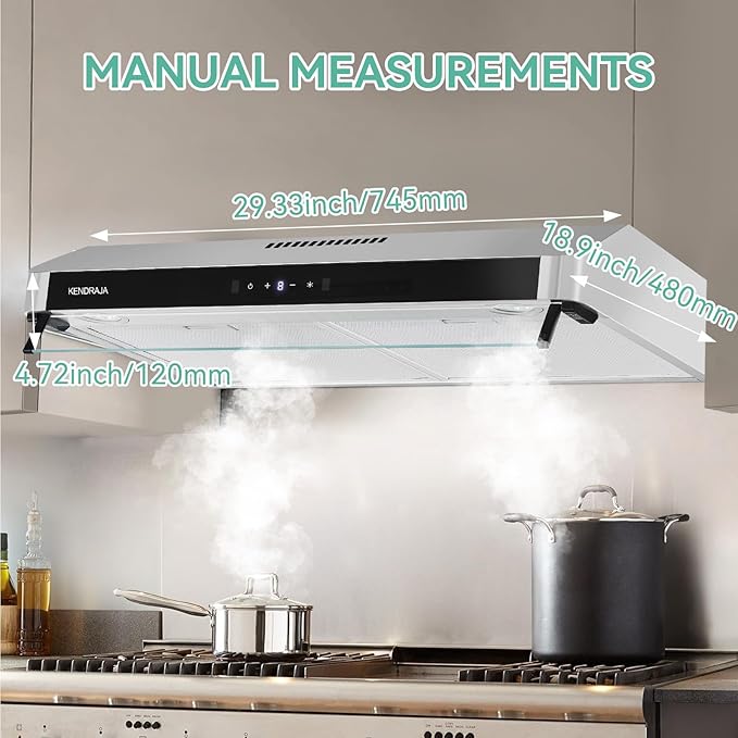 30 Inch Under Cabinet Range Hood | 400 CFM Stainless Steel | Convertible Ducted/Ductless | Touchless Gesture Control | Washable Grease Filters | 3 Speed Fan | LED Lighting - Kendraja