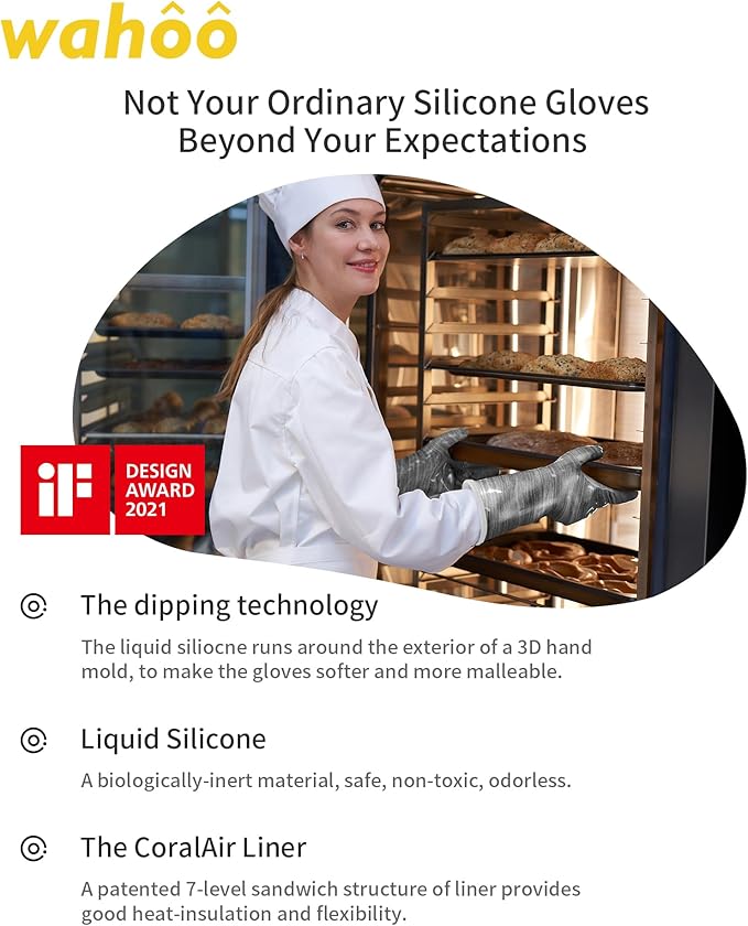 wahoo Liquid Silicone Smoker Oven Gloves, Food-Contact Grade, Heat Resistant Gloves for Cooking, Grilling, Baking, Grey, Large