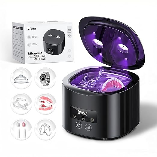 Ultrasonic Retainer Cleaner Machine, 50kHz Dental Cleaning Pod with 4 LED for Night Guards, Braces, Aligners, Toothbrushes, Mouth Guards, Jewelry, 340ml Rechargeable Ultrasonic Denture Cleaner