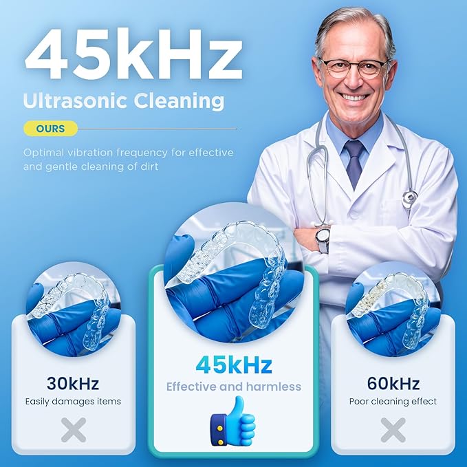 Dental Ultrasonic Retainer Cleaner Machine: 45kHz Dental Cleaning Pod with Digital Timer & 200ML, Cleaning for Dentures, Mouth Guards, Aligners, Night Guards, Braces, Toothbrush Heads & Jewelry, Blue
