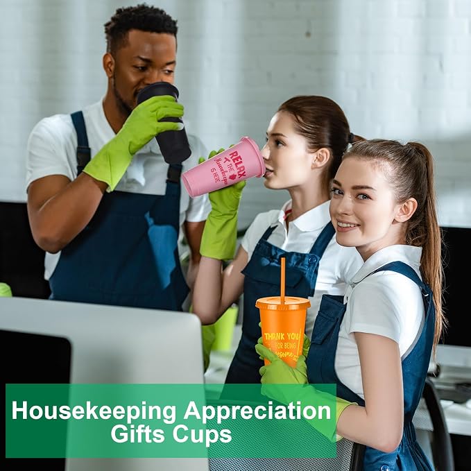Meanplan 24 Pcs Appreciation Gifts Bulk 24 oz Plastic Tumbler with Lids and Straws Thank You Cups Travel Mugs Inspirational Gifts for(Housekeepers Week)