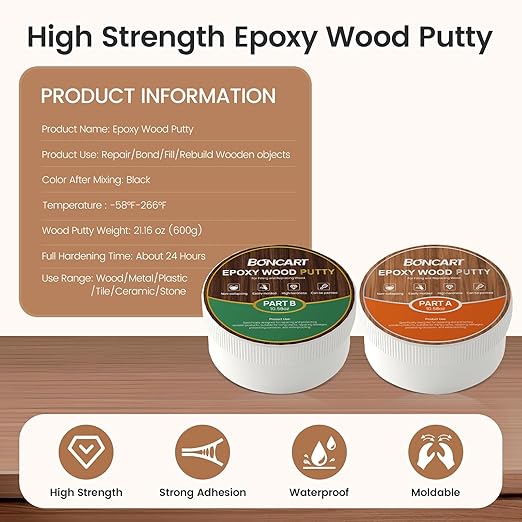 Boncart Epoxy Wood Putty, High Strength Filler Putty, Stainable 2-Part Epoxy Filler, 21.16 oz Structural Wood Repair Kit, Wooden Furniture Repair Kit for Damages (Black)