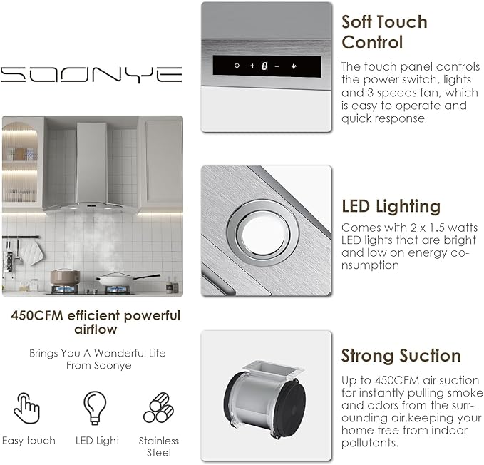30 Inch Wall Mounted Curved Glass Range Hood with 450 CFM Stainless Steel kitchen Ductless/Ducted Convertible with 3 Speeds Extract Fan & Touch Control