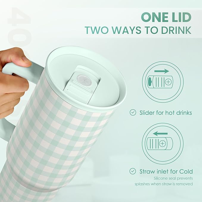 SANDJEST Mint Gingham 40oz Slider Tumbler with Handle and Straw - Insulated Stainless Steel Travel Coffee Mug for Women Girls, Gift for Birthday, Christmas