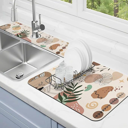 Dish Drying Mat for Kitchen Counter Matt, 2PCS 31.5"x17" Dish Drainer Mat & 24"x5.5" Sink Splash Guard, Super Absorbent Non-slip Rubber Backed