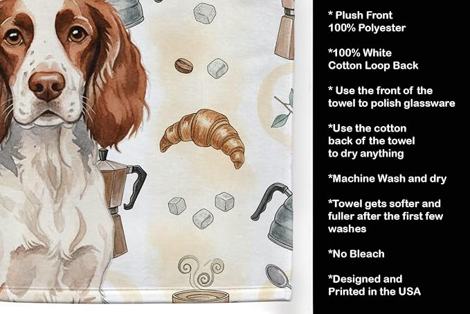Caroline's Treasures Liver and White English Springer Spaniel Coffee Bar Kitchen Towel Velour Plush Front and Cotton Loop Back Machine Washable