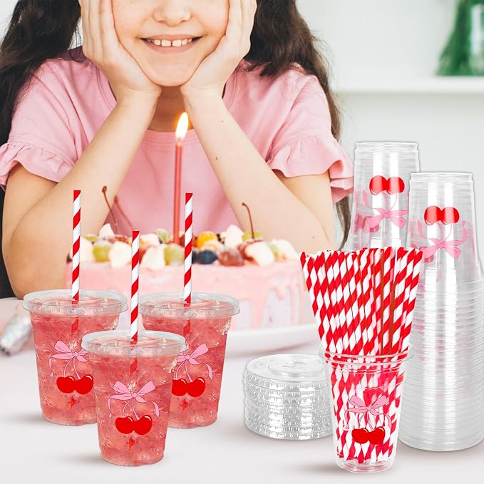 Whaline 50Pcs Cherry Bow Disposable Plastic Cups with Lids and Straws 12Oz Red Pink Cherry Bowknot Cold Beverage Drinking Cups for Wedding Birthday Baby Shower Party Supplies