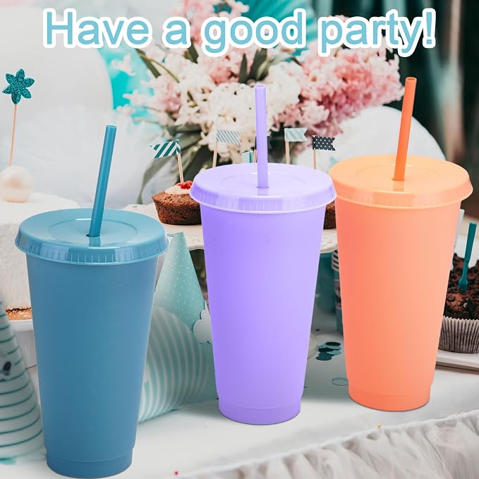 Honeydak 100 Pack Tumbler with Straw and Lid Bulk Water Bottle Iced Coffee Travel Mug Cup Reusable Plastic Cups for Party Birthdays 24-27 oz (Pastel Color)