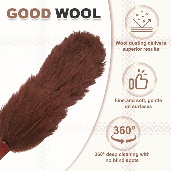 uxcell Wool Duster, 24.4" Natural Feather Cleaner Household Cleaning Duster with Solid Wooden Handle for Cleaning Fans Window Blinds Shelves Furniture, Coffee