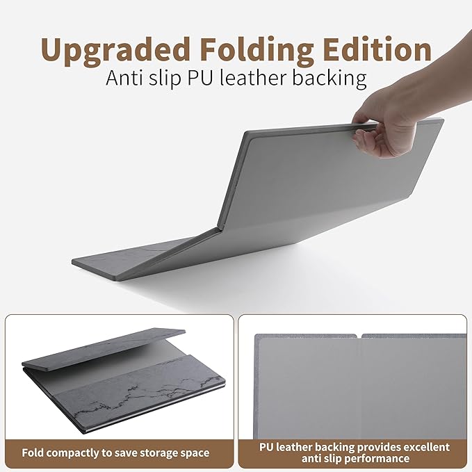 Large Quick-Dry Stone Drying Mat for Kitchen Counter, 24" × 16", Foldable Diatomaceous Earth Dish Drying Mat with PU Non-Slip Base,for Bottles Cups Dishes (Gray (3-fold), 24" × 16")
