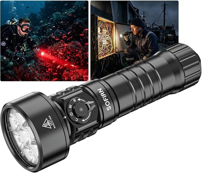 sofirn SD11 Dive Light, 5000LM, CRI 90, Rechargeable Waterproof Flashlight with 660NM Red Light, 3000K-6500K, USB-C, IPX8, with 1/4" Mount, Lanyard, for Underwater Photography, Fishing, Water Work