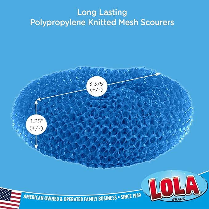 LOLA Plastic Mesh Scouring Pads - 18 Pack, 3.375" x 1.25", Non-Scratch Scrubbers to Clean Dishes, Assorted Colors - 1 Red, 1 Blue & 1 Yellow