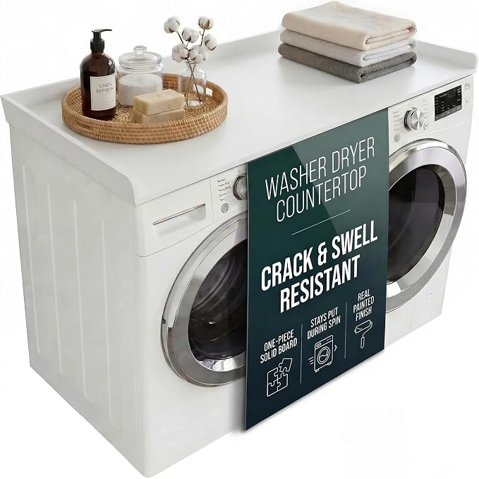 Premium Washer Dryer Countertop 54" W x 27.5" D x 3.1" H, One Solid Base Board Laundry Room Topper with Edge Rails, Washing Machine Top, Painted Finish, Anti-Slip Feet, Engineered Wood, White Color