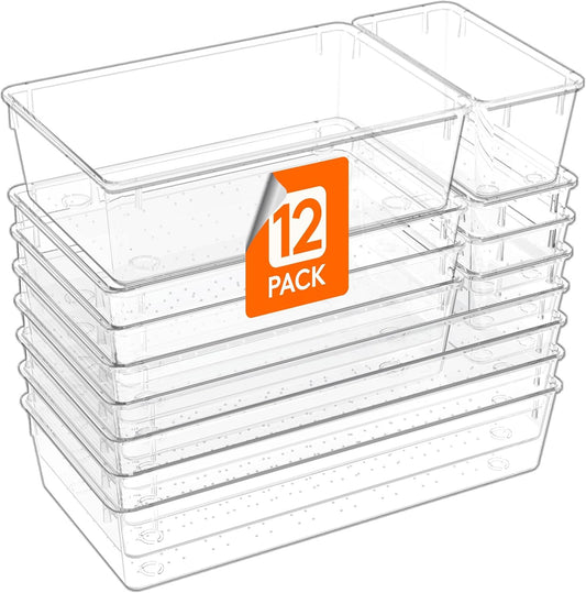 Lifewit 12 Pcs Large Bathroom Drawer Organizers, 3 Sizes Clear Plastic Storage Organizer Trays for Make Up, Kitchen Utensils, Vanity Accessories in Bathroom/Office/Dresser Organization