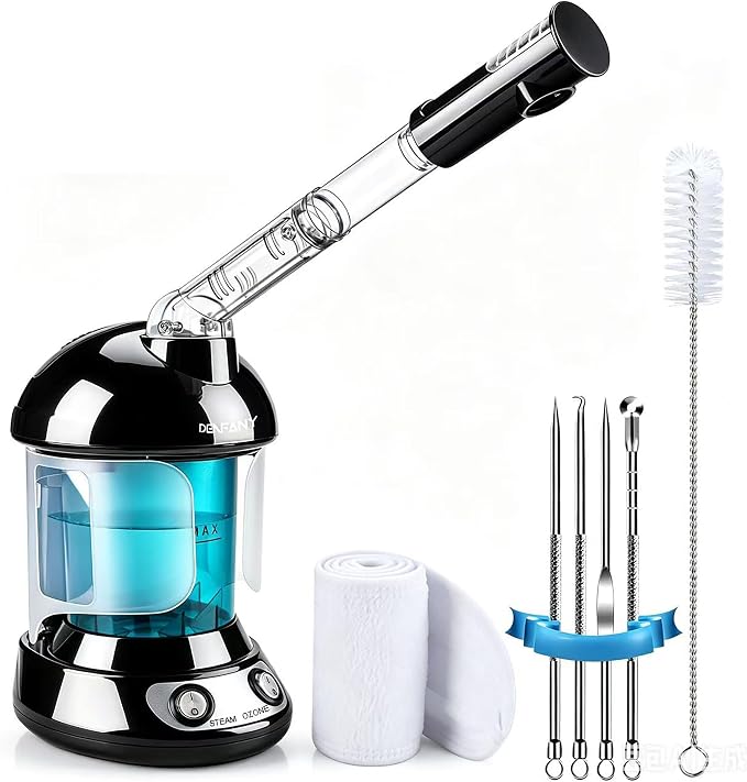 Facial Steamer - DENFANY Nano Ionic Face Steamer with Extendable 360° Rotating Arm - Portable Facial Steamer for Personal Care at Home or Salo （Black）