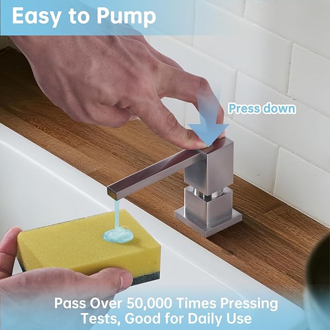 Built in Sink Soap Dispenser Dispenser Square with 47'' Long Tube, Brushed Brushed Nickel Brass Pump Head for Kitchen Sink with 17 oz Bottle