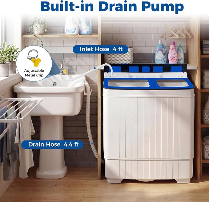 Giantex Portable Washing Machine, 26LBS Twin Tub Mini Compact Laundry Washer Spinner Combo with Drain Pump, 18Lbs Washer and 8Lbs Spinner for Apartments, RVs, Dorms, Blue+White