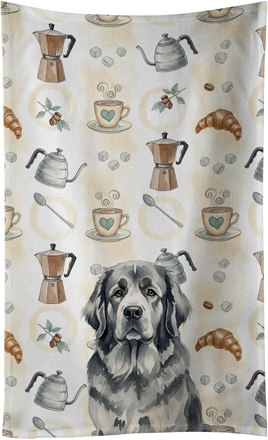 Caroline's Treasures Gray Newfoundland Coffee Bar Kitchen Towel Velour Plush Front and Cotton Loop Back Machine Washable