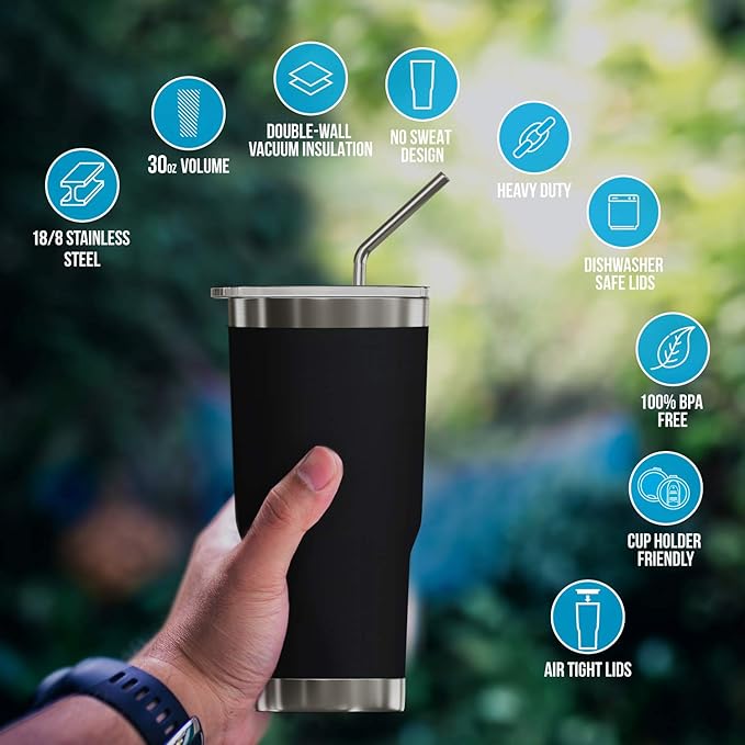 BluePeak Double Wall Vacuum Stainless Steel Insulated Tumblers Set, 2-Pack - Includes 2 Sipping Lids, 2 Spill-Proof Sliding Lids, 2 Straws, 1 Cleaning Brush & Gift Box (30 oz, Black)