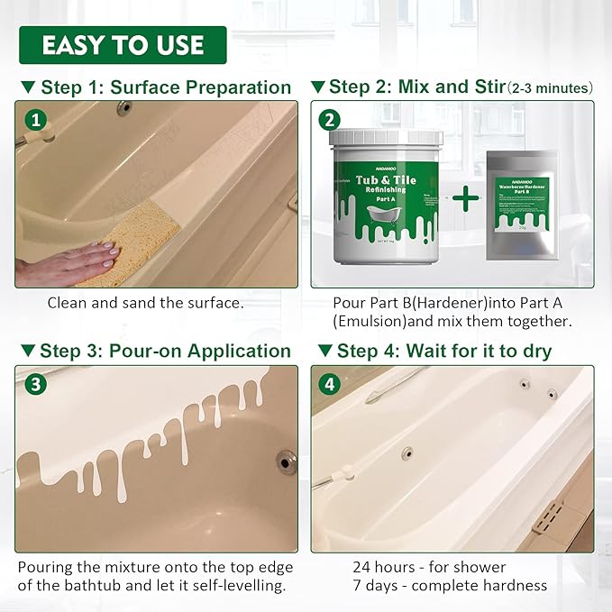 NADAMOO Tub and Tile Refinishing Kit (1kg / 35 oz, with tools), Bathtub Sink Countertop DIY Paint Kit for Bathroom Kitchen Porcelain Fiberglass, Semi-gloss White Coat