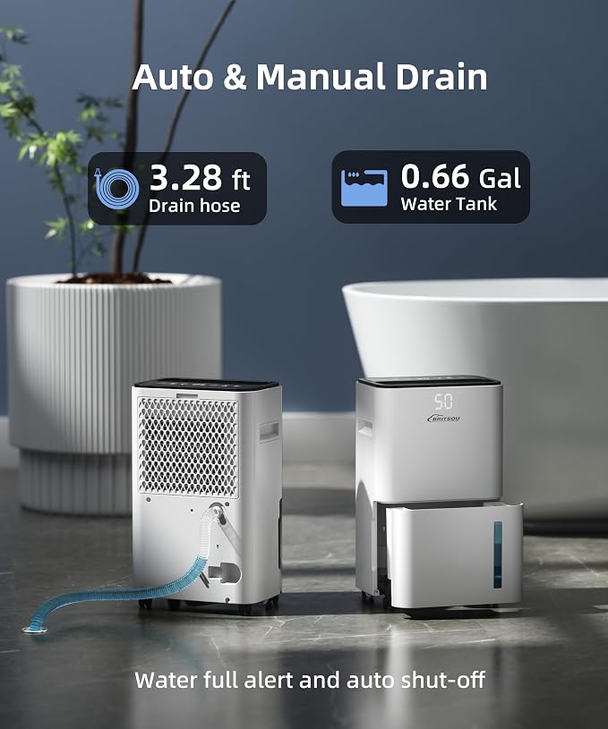 34 Dehumidifier for Basement and Bedroom, Covers 3500 Sq.Ft with Drain Hose, Smart Operation with 3 Modes - Ideal for Home, Bathroom, Garage.