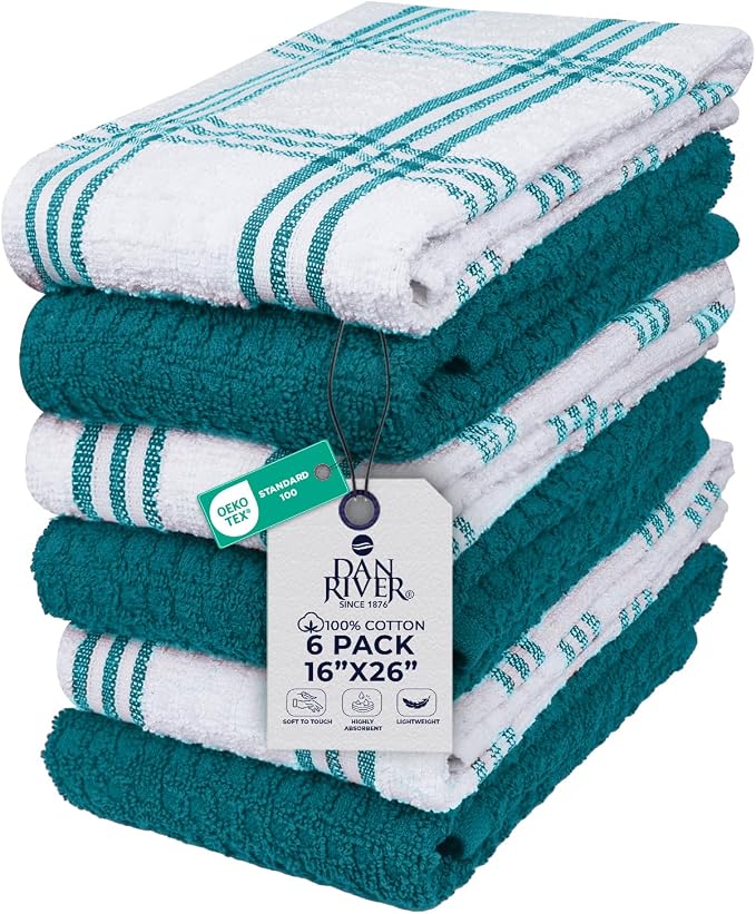 DAN RIVER Premium Teal Kitchen Towels - [Pack of 6] 100% Cotton (16x 26 Inches) -Super Soft, Highly Absorbent Hand Towels, Quick Dry, Dish Towels, Tea and Bar Towels Set