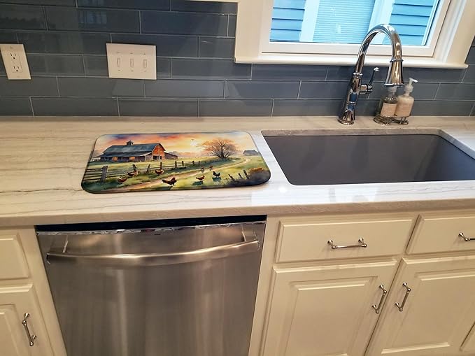 Caroline's Treasures Chicken Farmyard Sunrise Dish Drying Mat Absorbent Dish Drying Mat Pad for Kitchen Counter Dish Drainer Mat for Countertop, 14 x 21", Multicolor