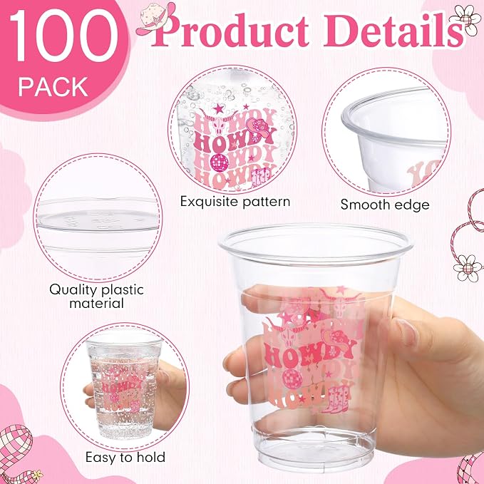 100 Pcs Pink Cowgirl Plastic Cups 12 oz Pink Howdy Western Disposable Plastic Drinking Cups Bulk for Western Cowgirl Birthday Baby Shower Bachelorette Party Decoration Supplies