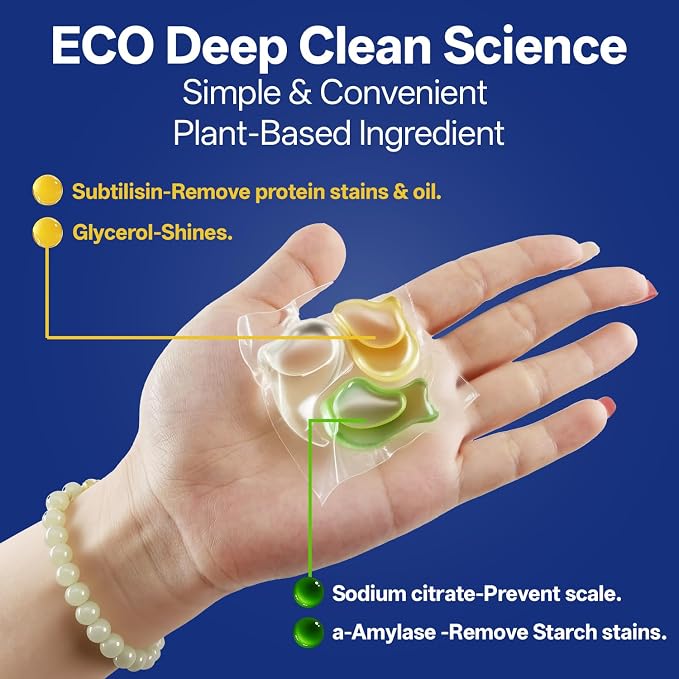 ECO Dishwasher Pods 15 Count, with Glycerin & Enzymes (Protease, Amylase),Dishwasher Detergent Liquid dish pod for Powerful Cleaning, No Pre-Rinse, Fights 24-Hour Dried On Food, Plant-Based (15PODS)