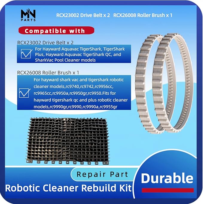 RCX23002 Drive Belt 2pcs RCX26008 Roller Brush Replacement Kit Compatible with Hayward TigerShark QC Plus & SharkVac Robotic Pool Cleaner Parts RC9740 RC9742 RC9956CC RC9965CC RCC9950A RC9950GR RC9950