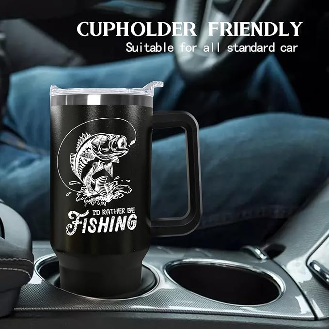 Ceovfoi 40 oz Black Stainless Steel Tumbler With Handle, Fishing Gifts for Men, American Flag Patriotic Cup