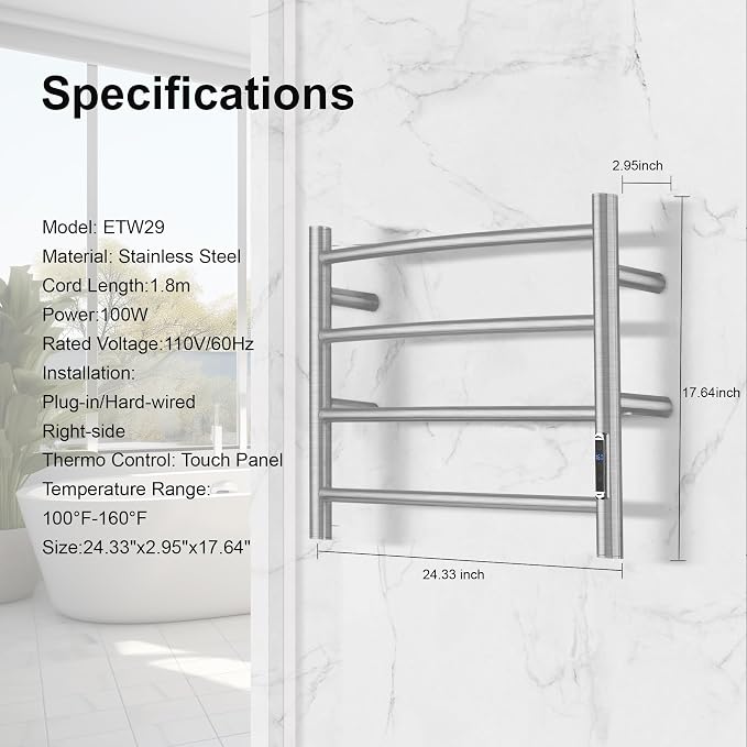 Towel Warmer with Built-in Timer for Bathroom Wall Mounted Bath Towel Heater Plug-in Electric Heated Towel Rack Brushed ETW29