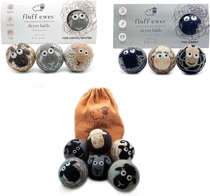 Fluff Ewes Premium Handmade New Zealand Reusable Wool Dryer Balls for Laundry, Baby, Anti-Static Alternative to Liquid Fabric Softener, Plastic Dryer Balls or Dryer Sheets, 12 Pack Bundle