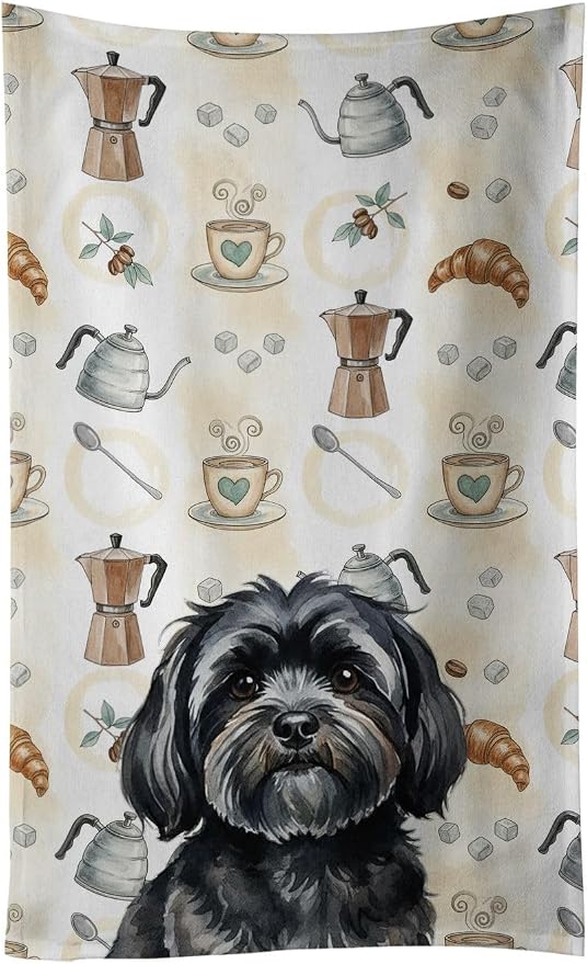 Caroline's Treasures Black Lhasa Apso Coffee Bar Kitchen Towel Velour Plush Front and Cotton Loop Back Machine Washable