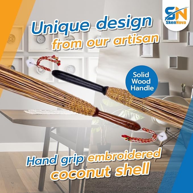1 Piece of 32 inch Multi-Surface Sturdy Outdoor Authentic Coconut Stick Carpet and Rug Beater Thai Natural Coconut Leaf Broom Solid Wood Handle (Classic)