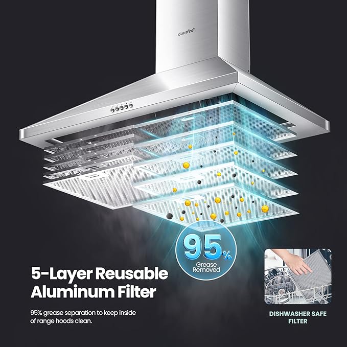 COMFEE' CVP30W6AST Ducted Pyramid Range 450 CFM Stainless Steel Wall Mount Vent Hood with 3 Speed Exhaust Fan, 5-Layer Aluminum Permanent Filters, Two LED Lights, Convertible to Ductless, 30 inches