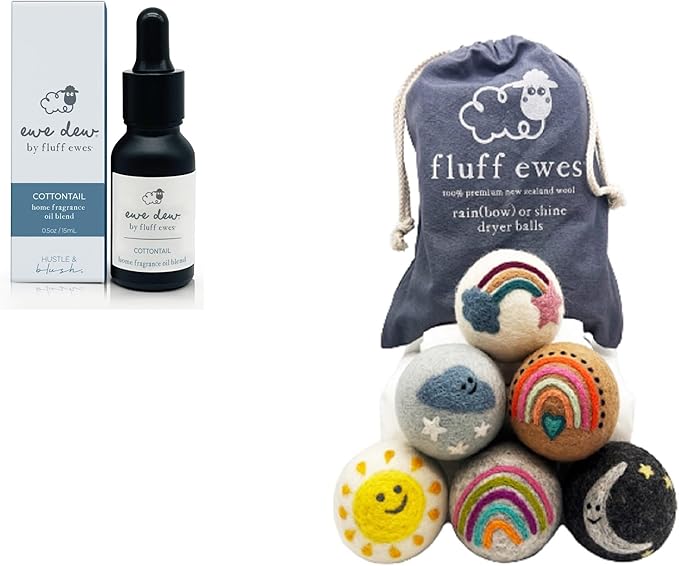 Fluff Ewes Premium Handmade New Zealand Reusable Wool Dryer Balls for Laundry & Baby + Ewe Dew Home Fragrance Aromatherapy Dryer Ball Essential Oil Blend, 2 Pack, Rainbow + Cottontail 0.5oz