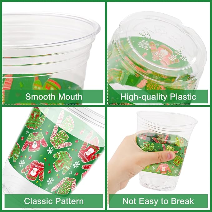 Kochorie 120 Pieces Christmas Sweater Plastic Cups 16 Oz Christmas Disposable Plastic Cups Xmas Tree Santa Reindeer Snow Drinking Cups for Christmas Party Supplies, Merry Christmas Party Decorations