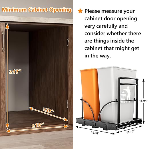 ANASTA Dual Pull Out Trash Can Under Cabinet Rack-No Can Included, Under Sink Trash Can Pull Out Holds Double 7-9 Gal/35 Qt*2 Commercial Garbage Can Recycle Bin, Minimum Cabinet Size≥16''W 17''H 22"D